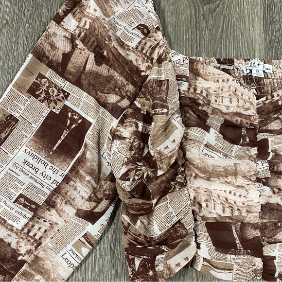 RABBIT ROSE women’s puffy long sleeve blouse size XL newspaper brown crop top - Picture 4 of 6